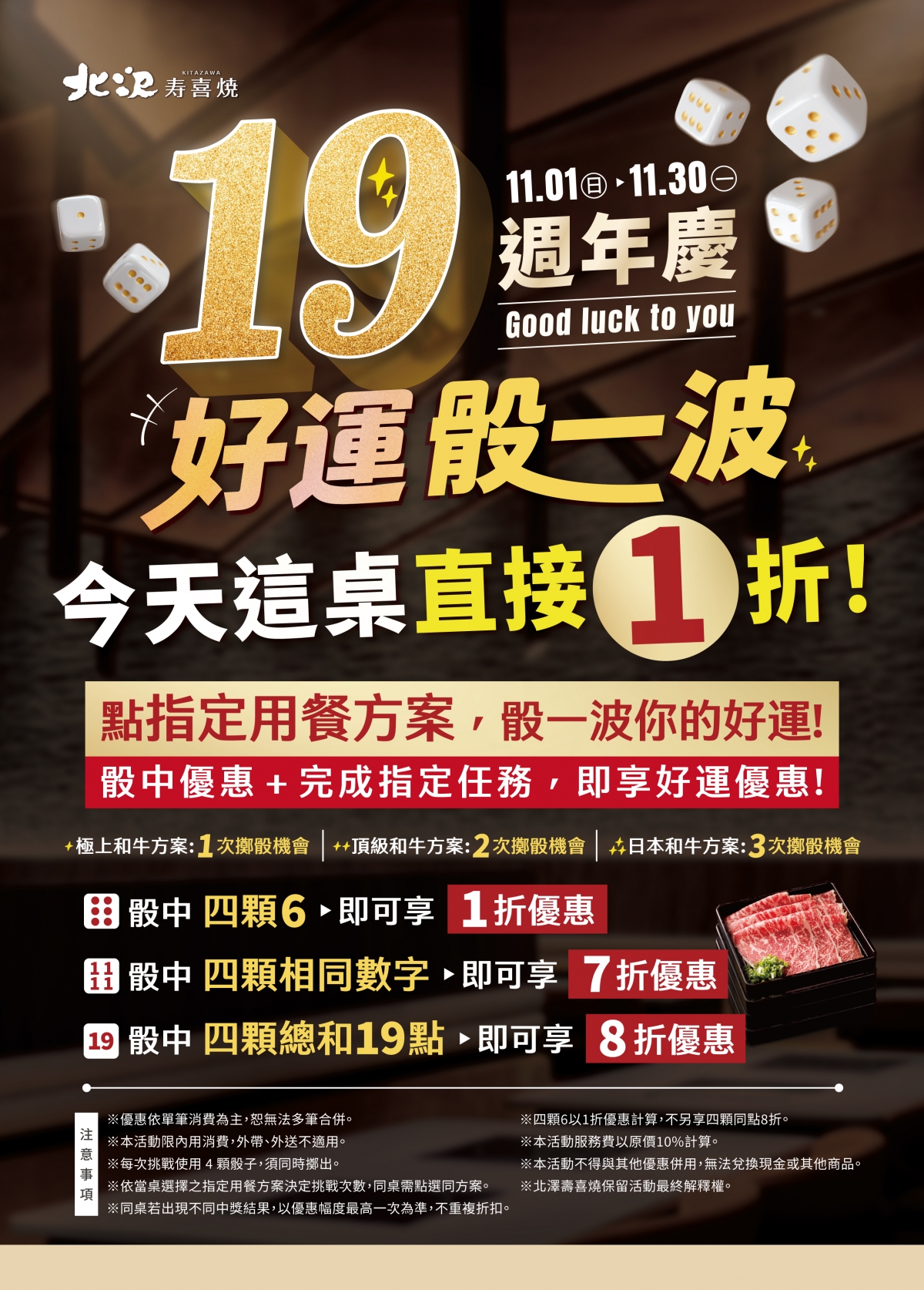 【北澤壽喜燒 19週年慶】好運骰一波 【北澤壽喜燒 19週年慶】好運骰一波